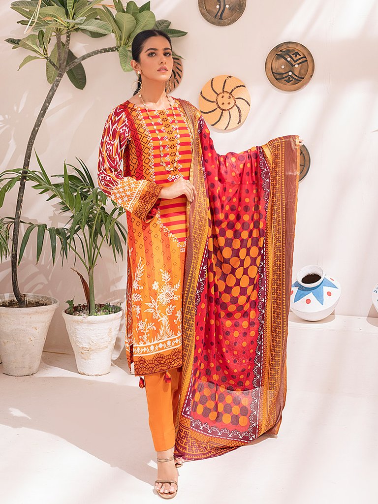 Unstitched 3pc - Printed Cambric Shirt & Printed Cambric Dupatta with Gold Border & Dyed Cambric Trouser - Inaya Gold Cambric (IP-00107A)